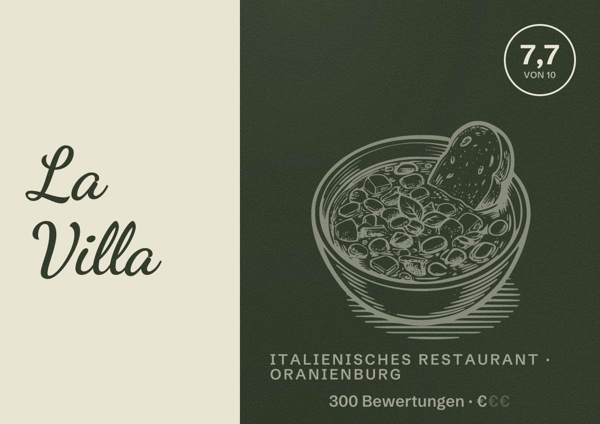 Illustriertes Poster von La Villa, Italienisches Restaurant in Oranienburg: Bewertung 7,7 von 10 aus 300 Bewertungen, Preisniveau €