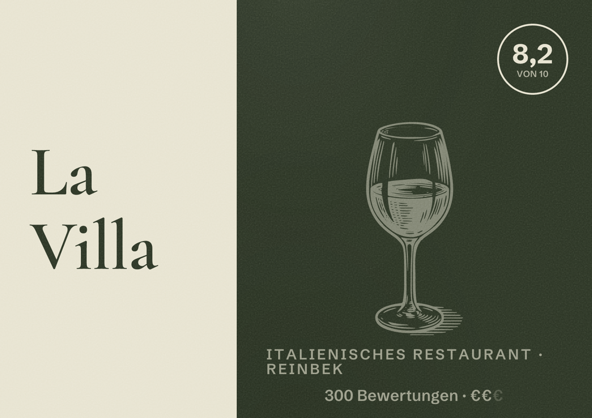 Illustriertes Poster von La Villa, Italienisches Restaurant in Reinbek: Bewertung 8,2 von 10 aus 300 Bewertungen, Preisniveau €€