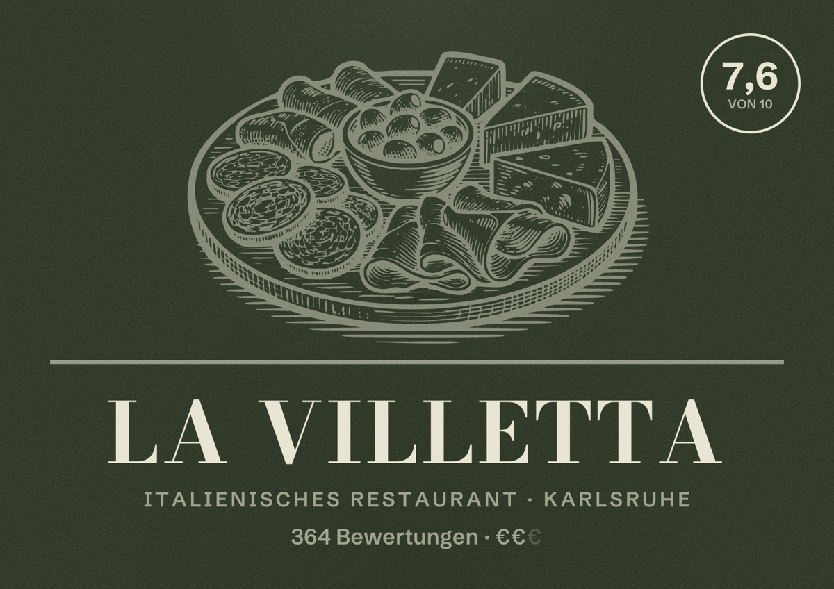 Illustriertes Poster von La Villetta, Italienisches Restaurant in Karlsruhe: Bewertung 7,6 von 10 aus 364 Bewertungen, Preisniveau €€