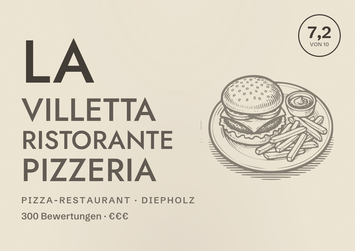 Illustriertes Poster von La Villetta Ristorante Pizzeria, Pizza-Restaurant in Diepholz: Bewertung 7,2 von 10 aus 300 Bewertungen, Preisniveau €€€