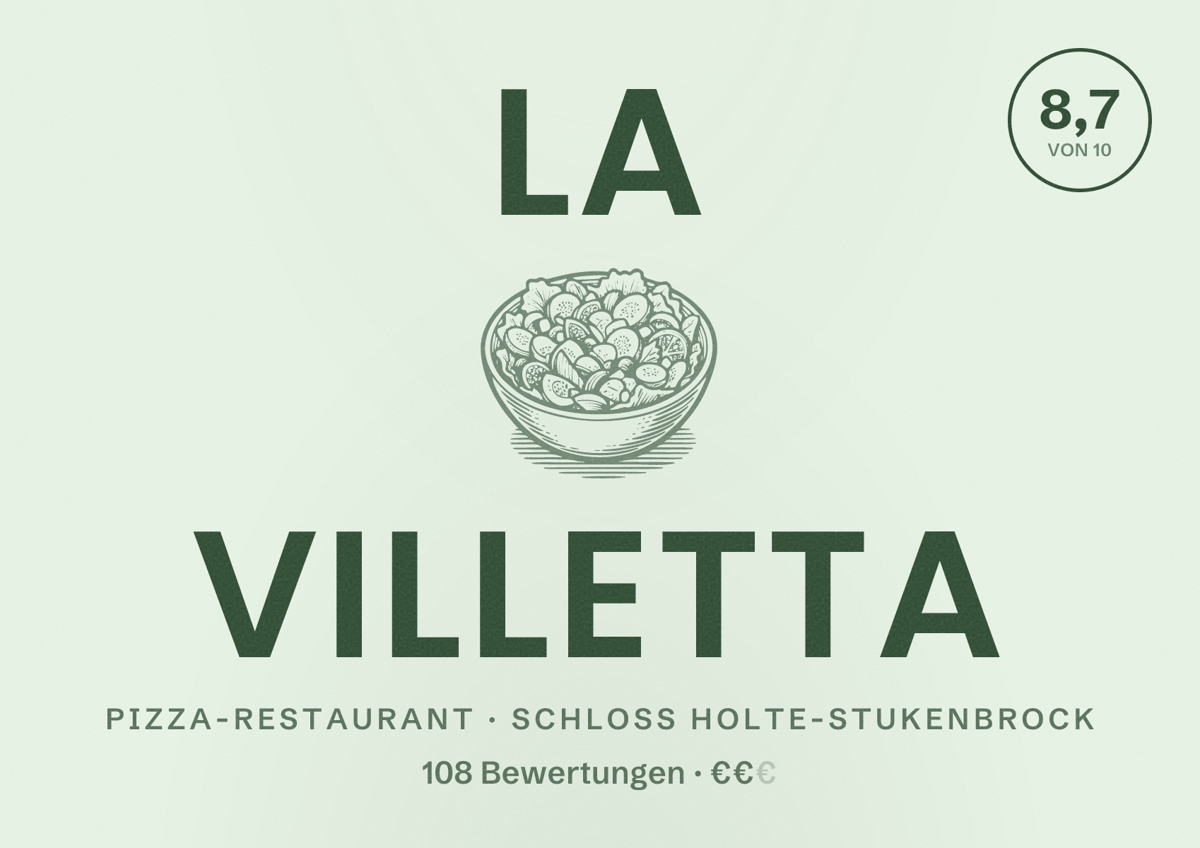 Illustriertes Poster von La Villetta, Pizza-Restaurant in Schloß Holte-Stukenbrock: Bewertung 8,7 von 10 aus 108 Bewertungen, Preisniveau €€