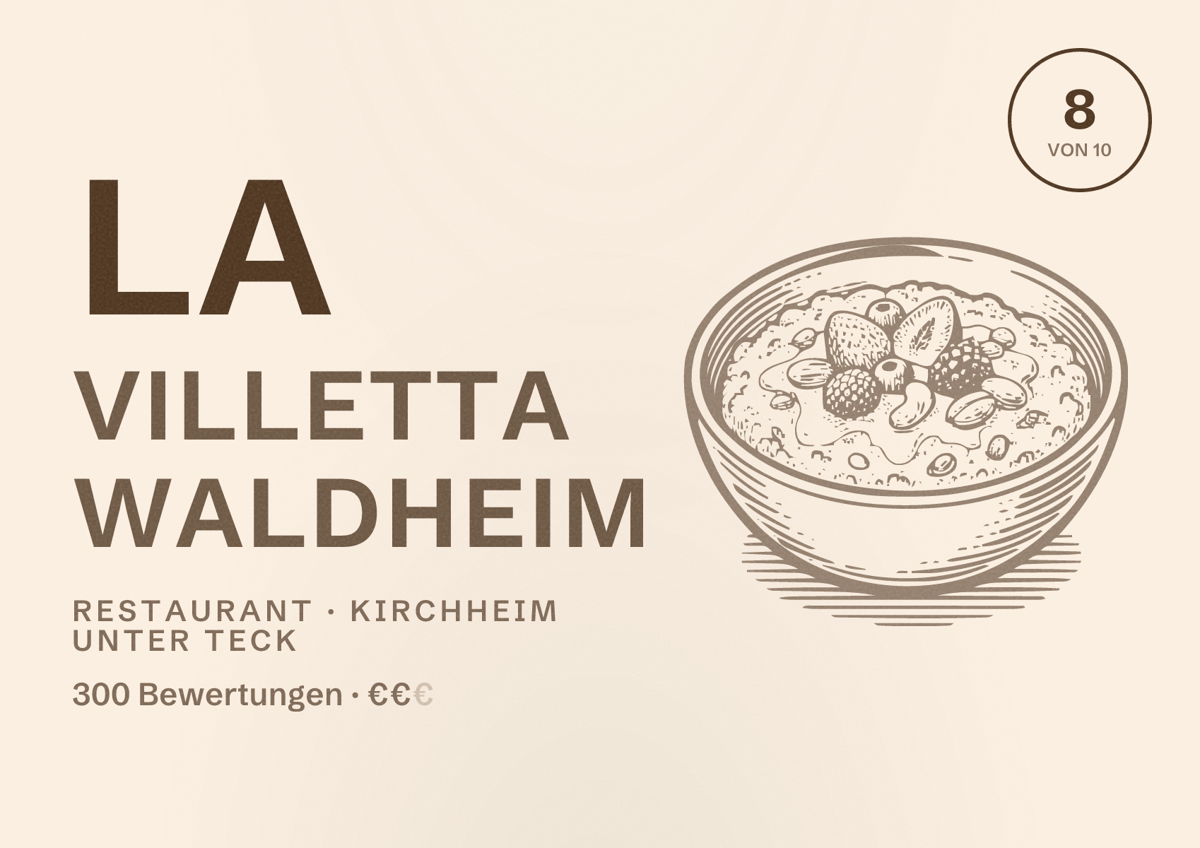 Illustriertes Poster von La Villetta Waldheim, Restaurant in Kirchheim unter Teck: Bewertung 8 von 10 aus 300 Bewertungen, Preisniveau €€