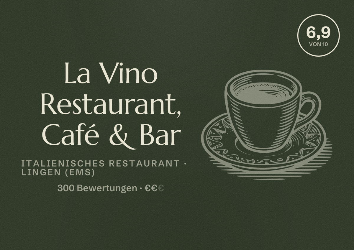 Illustriertes Poster von La Vino Restaurant, Café & Bar, Italienisches Restaurant in Lingen (Ems): Bewertung 6,9 von 10 aus 300 Bewertungen, Preisniveau €€