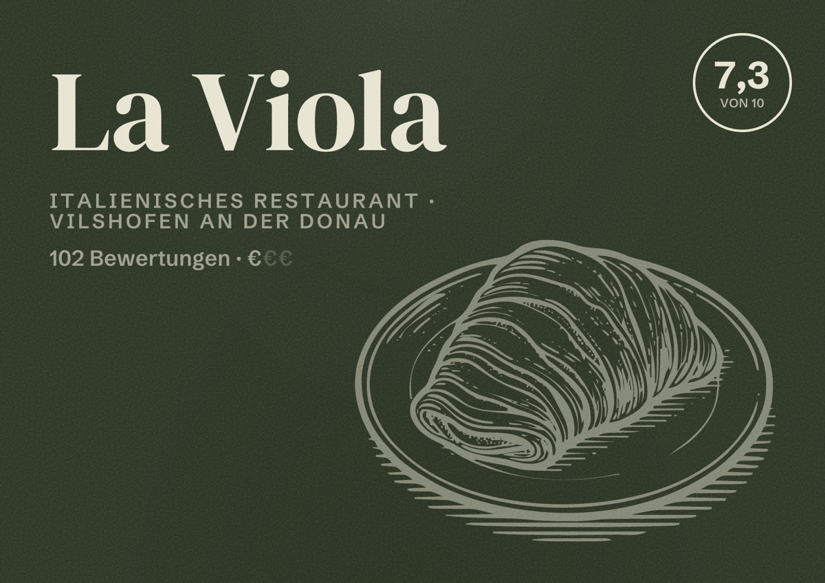 Illustriertes Poster von La Viola, Italienisches Restaurant in Vilshofen an der Donau: Bewertung 7,3 von 10 aus 102 Bewertungen, Preisniveau €