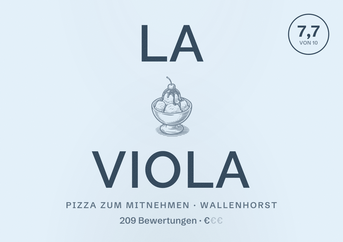 Illustriertes Poster von La Viola, Pizza zum Mitnehmen in Wallenhorst: Bewertung 7,7 von 10 aus 209 Bewertungen, Preisniveau €