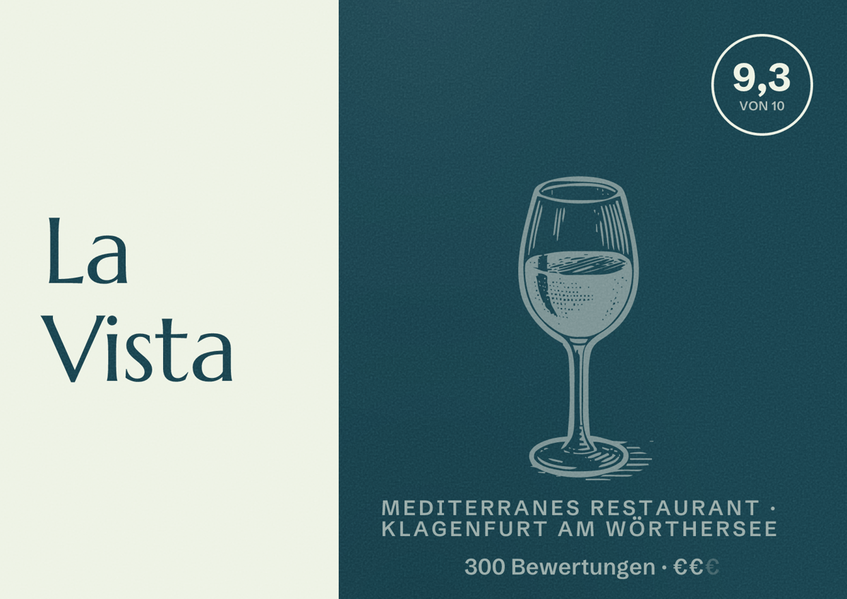 Illustriertes Poster von La Vista, Mediterranes Restaurant in Klagenfurt am Wörthersee: Bewertung 9,3 von 10 aus 300 Bewertungen, Preisniveau €€