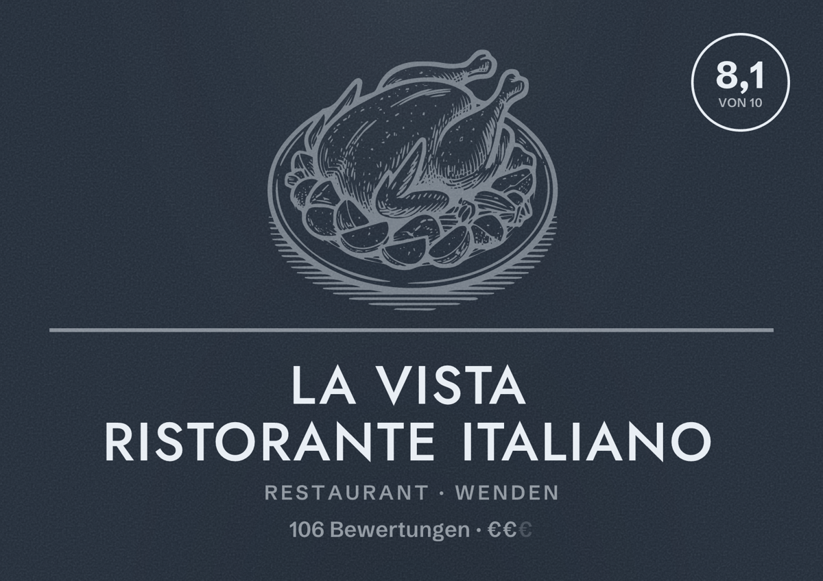Illustriertes Poster von La Vista Ristorante Italiano, Restaurant in Wenden: Bewertung 8,1 von 10 aus 106 Bewertungen, Preisniveau €€