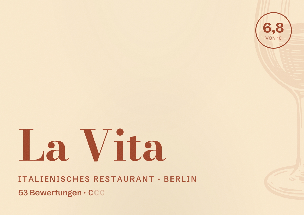 Illustriertes Poster von La Vita, Italienisches Restaurant in Berlin: Bewertung 6,8 von 10 aus 53 Bewertungen, Preisniveau €