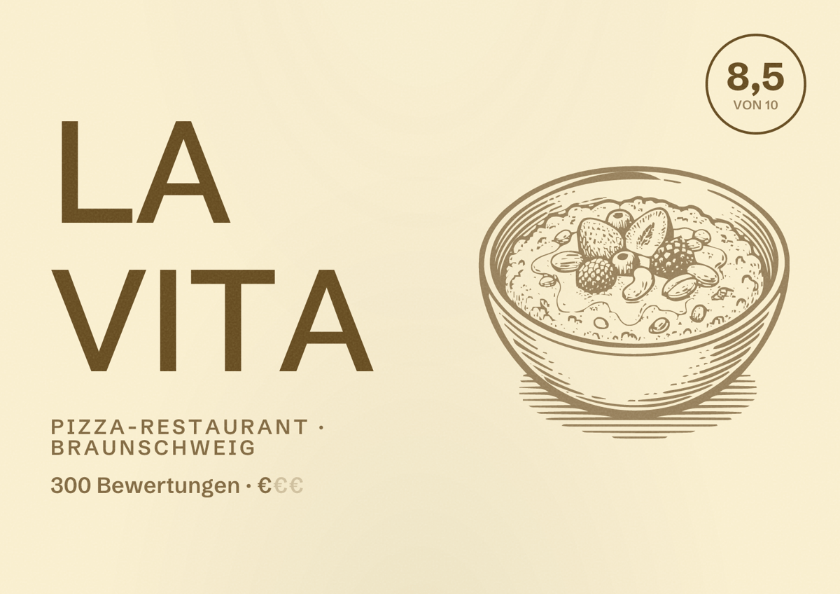 Illustriertes Poster von La Vita, Pizza-Restaurant in Braunschweig: Bewertung 8,5 von 10 aus 300 Bewertungen, Preisniveau €
