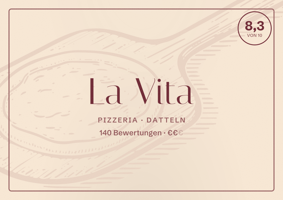 Illustriertes Poster von La Vita, Pizzeria in Datteln: Bewertung 8,3 von 10 aus 140 Bewertungen, Preisniveau €€