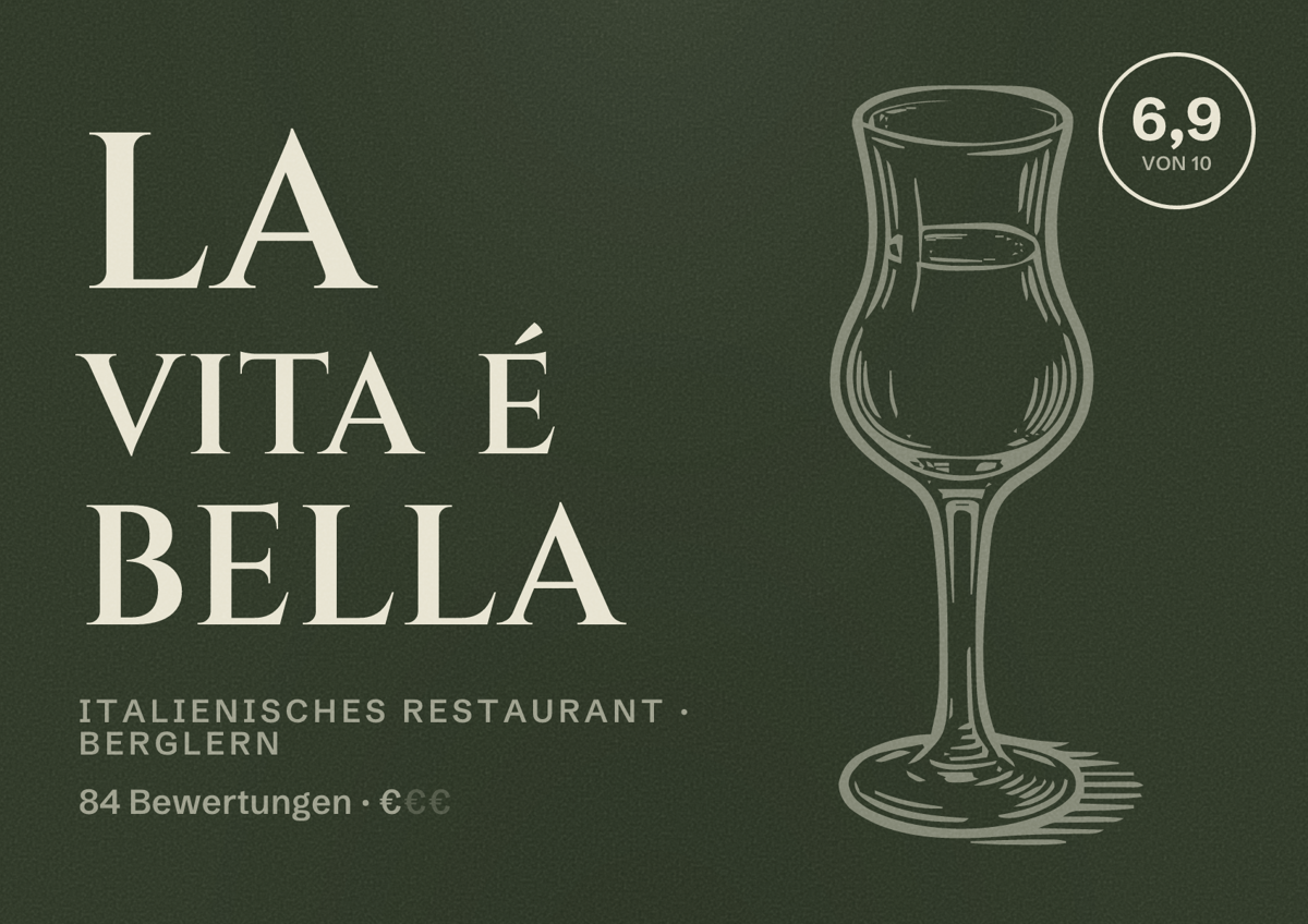 Illustriertes Poster von La Vita é Bella, Italienisches Restaurant in Berglern: Bewertung 6,9 von 10 aus 84 Bewertungen, Preisniveau €
