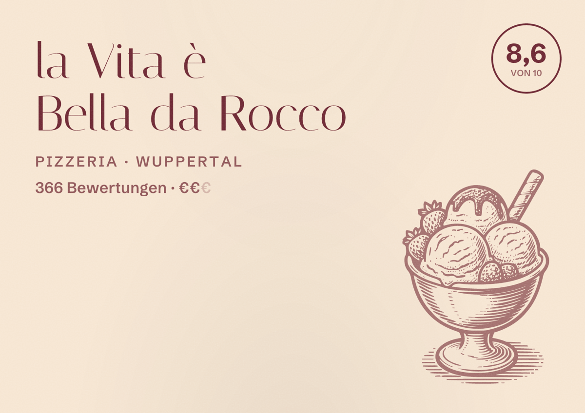 Illustriertes Poster von la Vita è Bella da Rocco, Pizzeria in Wuppertal: Bewertung 8,6 von 10 aus 366 Bewertungen, Preisniveau €€