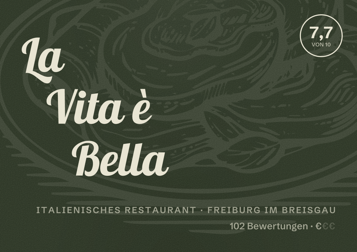 Illustriertes Poster von La Vita è Bella, Italienisches Restaurant in Freiburg im Breisgau: Bewertung 7,7 von 10 aus 102 Bewertungen, Preisniveau €