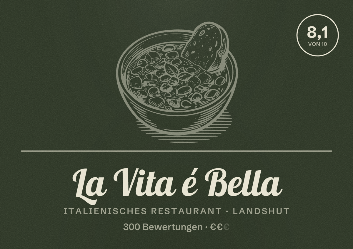 Illustriertes Poster von La Vita é Bella, Italienisches Restaurant in Landshut: Bewertung 8,1 von 10 aus 300 Bewertungen, Preisniveau €€