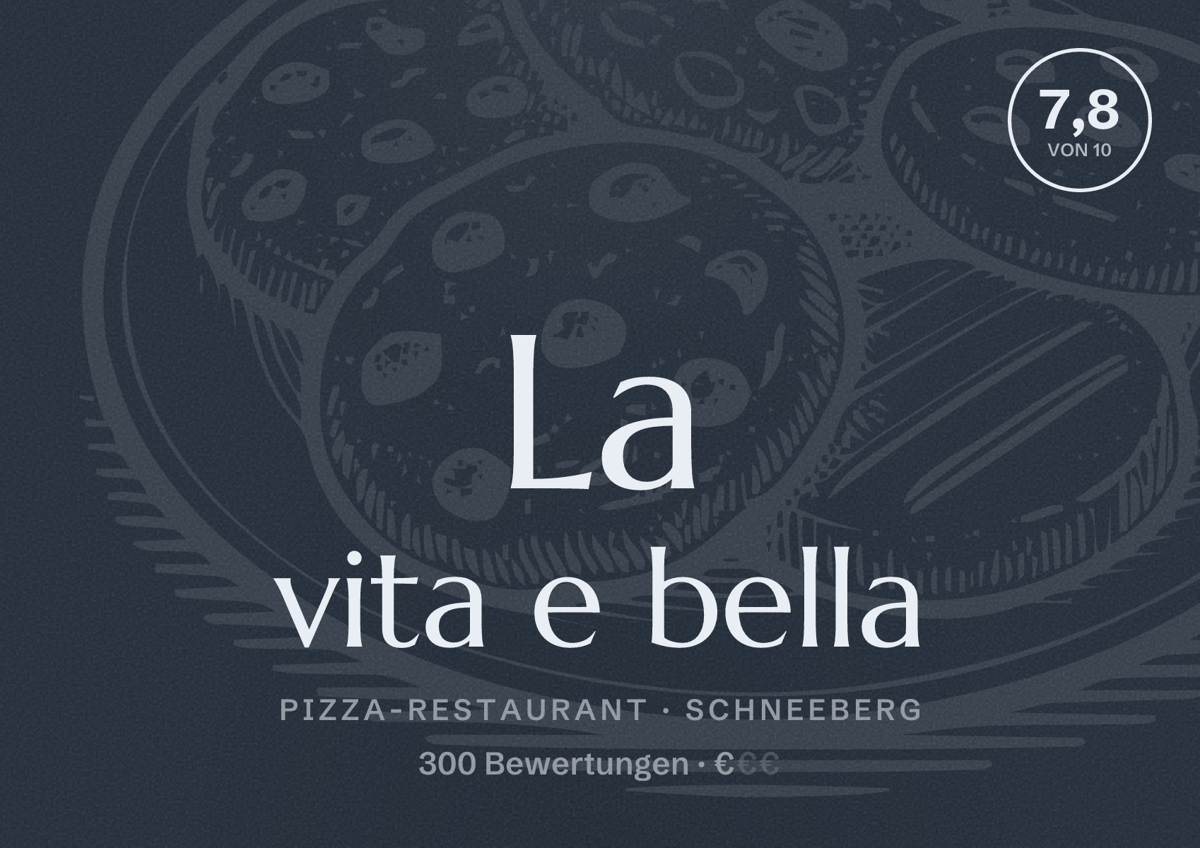 Illustriertes Poster von La vita e bella, Pizza-Restaurant in Schneeberg: Bewertung 7,8 von 10 aus 300 Bewertungen, Preisniveau €