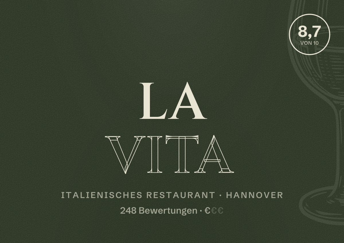 Illustriertes Poster von La Vita, Italienisches Restaurant in Hannover: Bewertung 8,7 von 10 aus 248 Bewertungen, Preisniveau €