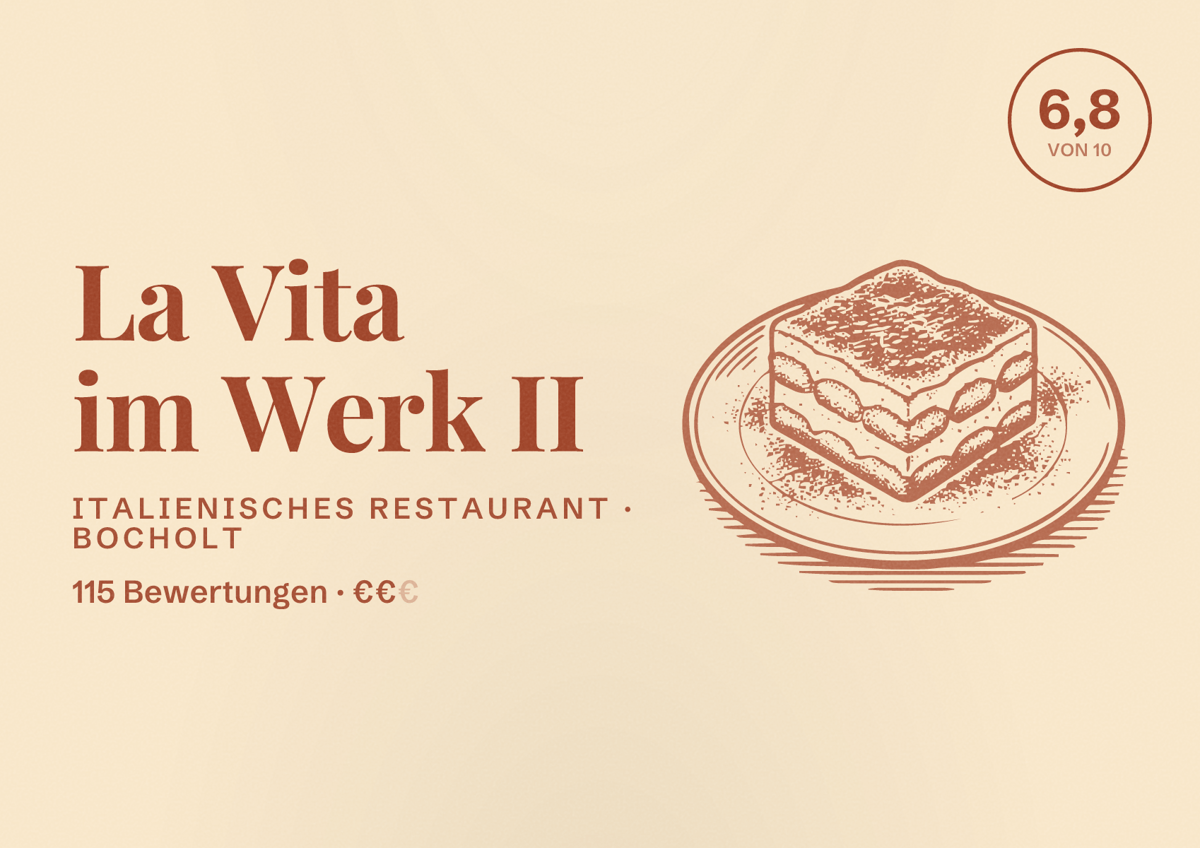 Illustriertes Poster von La Vita im Werk II, Italienisches Restaurant in Bocholt: Bewertung 6,8 von 10 aus 115 Bewertungen, Preisniveau €€