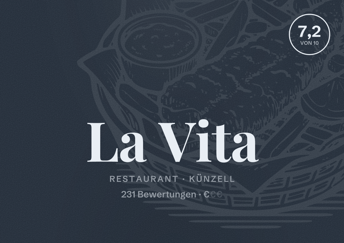 Illustriertes Poster von La Vita, Restaurant in Künzell: Bewertung 7,2 von 10 aus 231 Bewertungen, Preisniveau €