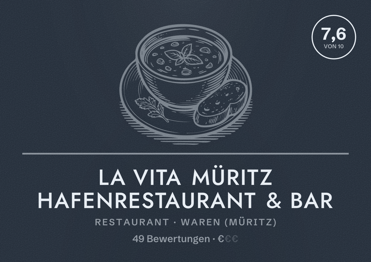 Illustriertes Poster von La Vita Müritz Hafenrestaurant & Bar, Restaurant in Waren (Müritz): Bewertung 7,6 von 10 aus 49 Bewertungen, Preisniveau €