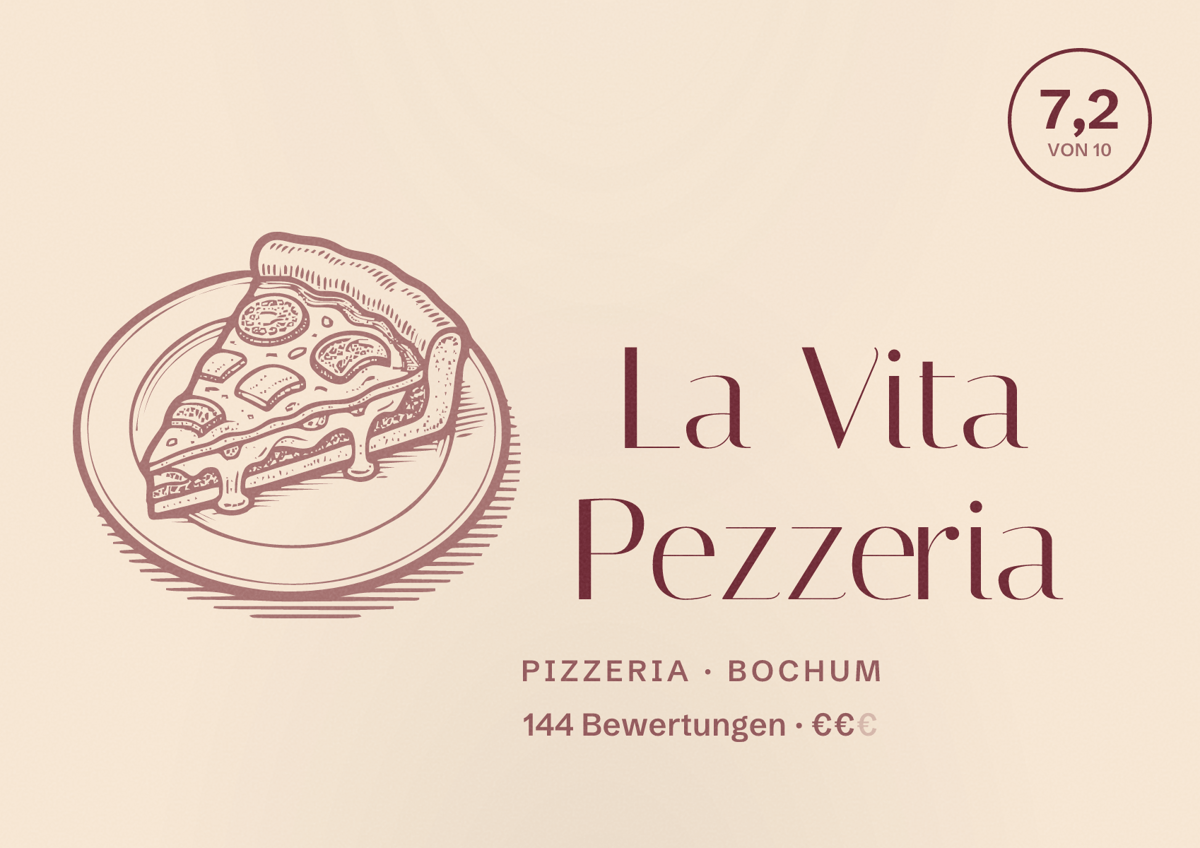 Illustriertes Poster von La Vita Pezzeria, Pizzeria in Bochum: Bewertung 7,2 von 10 aus 144 Bewertungen, Preisniveau €€
