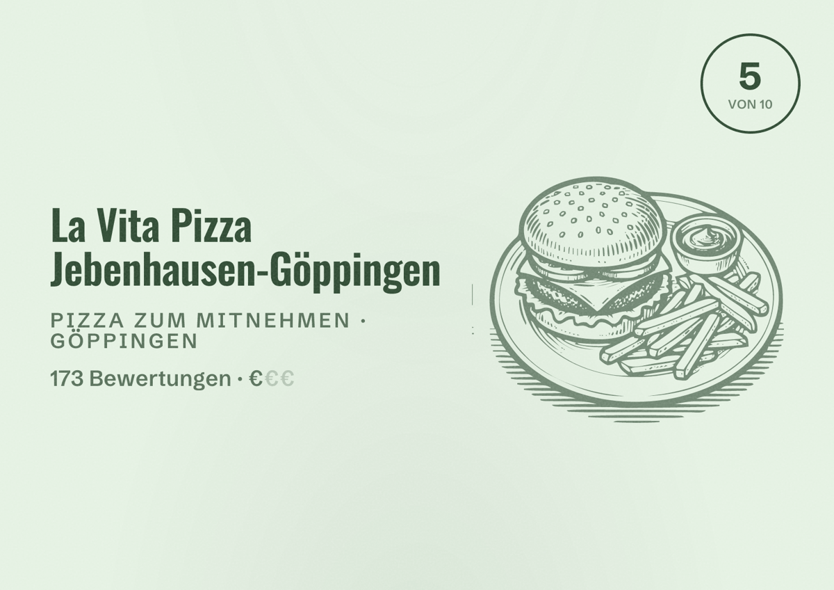 Illustriertes Poster von La Vita Pizza Jebenhausen-Göppingen, Pizza zum Mitnehmen in Göppingen: Bewertung 5 von 10 aus 173 Bewertungen, Preisniveau €