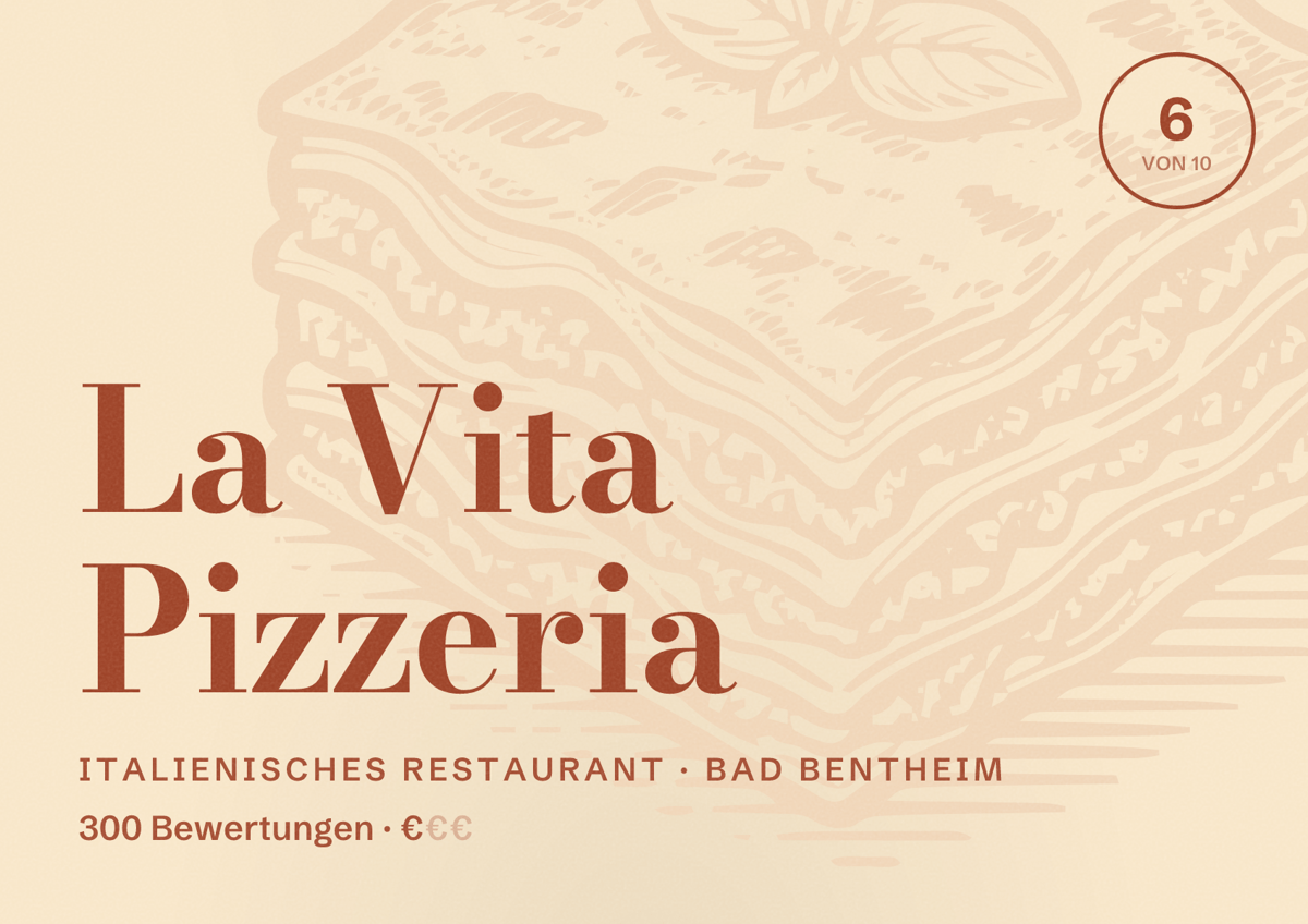 Illustriertes Poster von La Vita Pizzeria, Italienisches Restaurant in Bad Bentheim: Bewertung 6 von 10 aus 300 Bewertungen, Preisniveau €