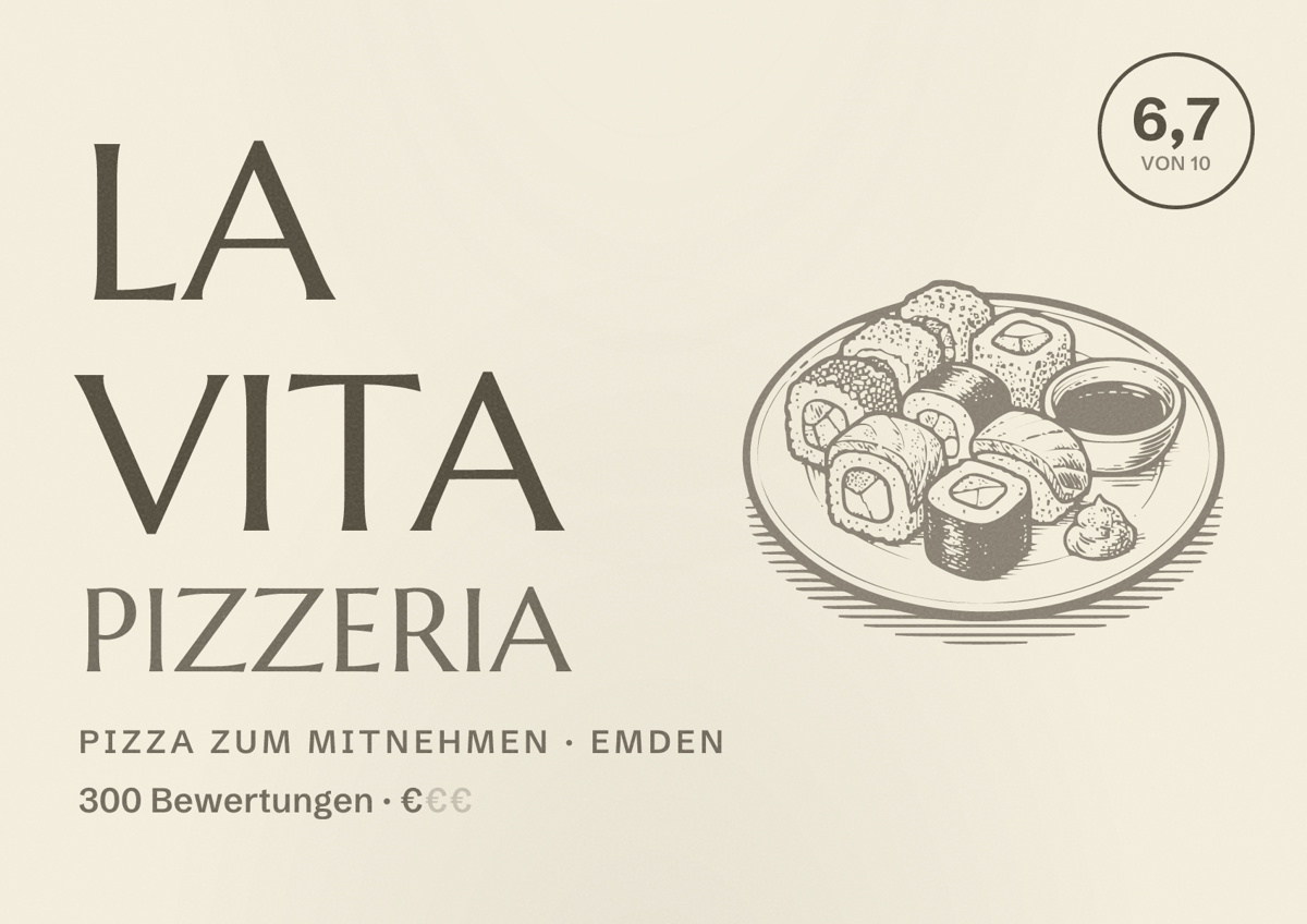 Illustriertes Poster von La Vita Pizzeria, Pizza zum Mitnehmen in Emden: Bewertung 6,7 von 10 aus 300 Bewertungen, Preisniveau €