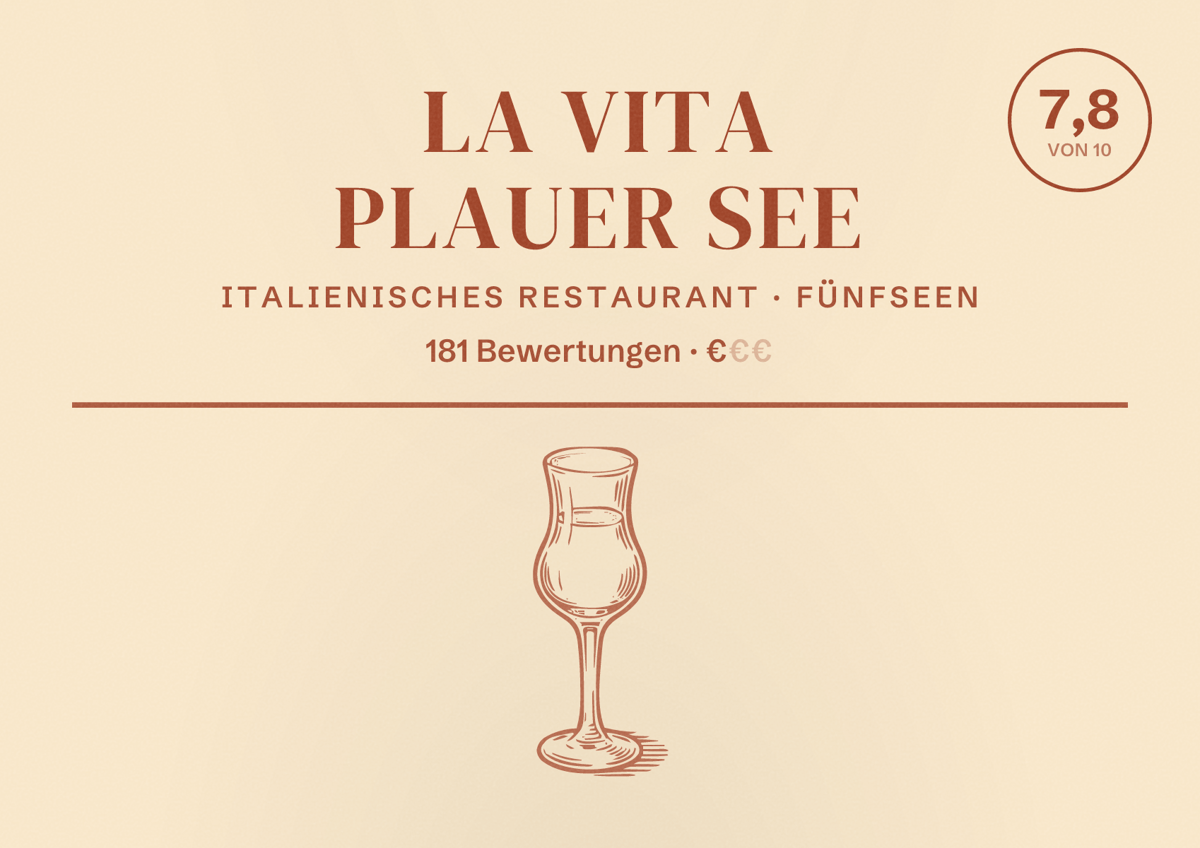 Illustriertes Poster von La Vita Plauer See, Italienisches Restaurant in Fünfseen: Bewertung 7,8 von 10 aus 181 Bewertungen, Preisniveau €