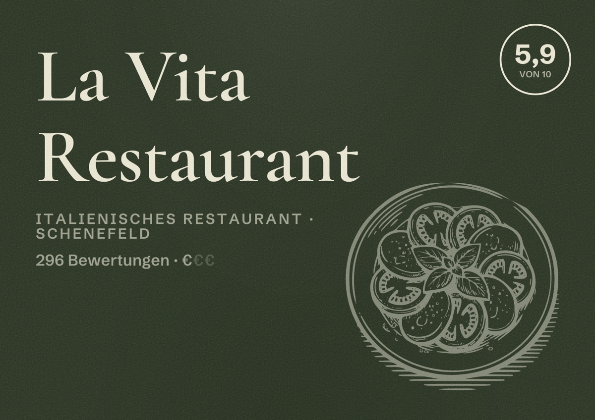 Illustriertes Poster von La Vita Restaurant, Italienisches Restaurant in Schenefeld: Bewertung 5,9 von 10 aus 296 Bewertungen, Preisniveau €