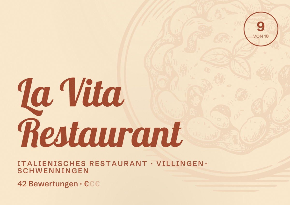 Illustriertes Poster von La Vita Restaurant, Italienisches Restaurant in Villingen-Schwenningen: Bewertung 9 von 10 aus 42 Bewertungen, Preisniveau €