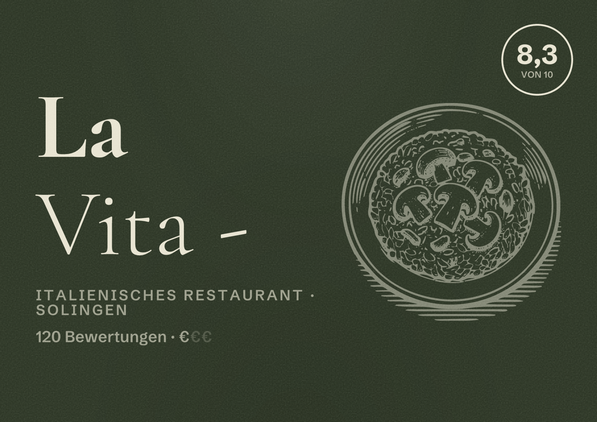 Illustriertes Poster von La Vita -, Italienisches Restaurant in Solingen: Bewertung 8,3 von 10 aus 120 Bewertungen, Preisniveau €