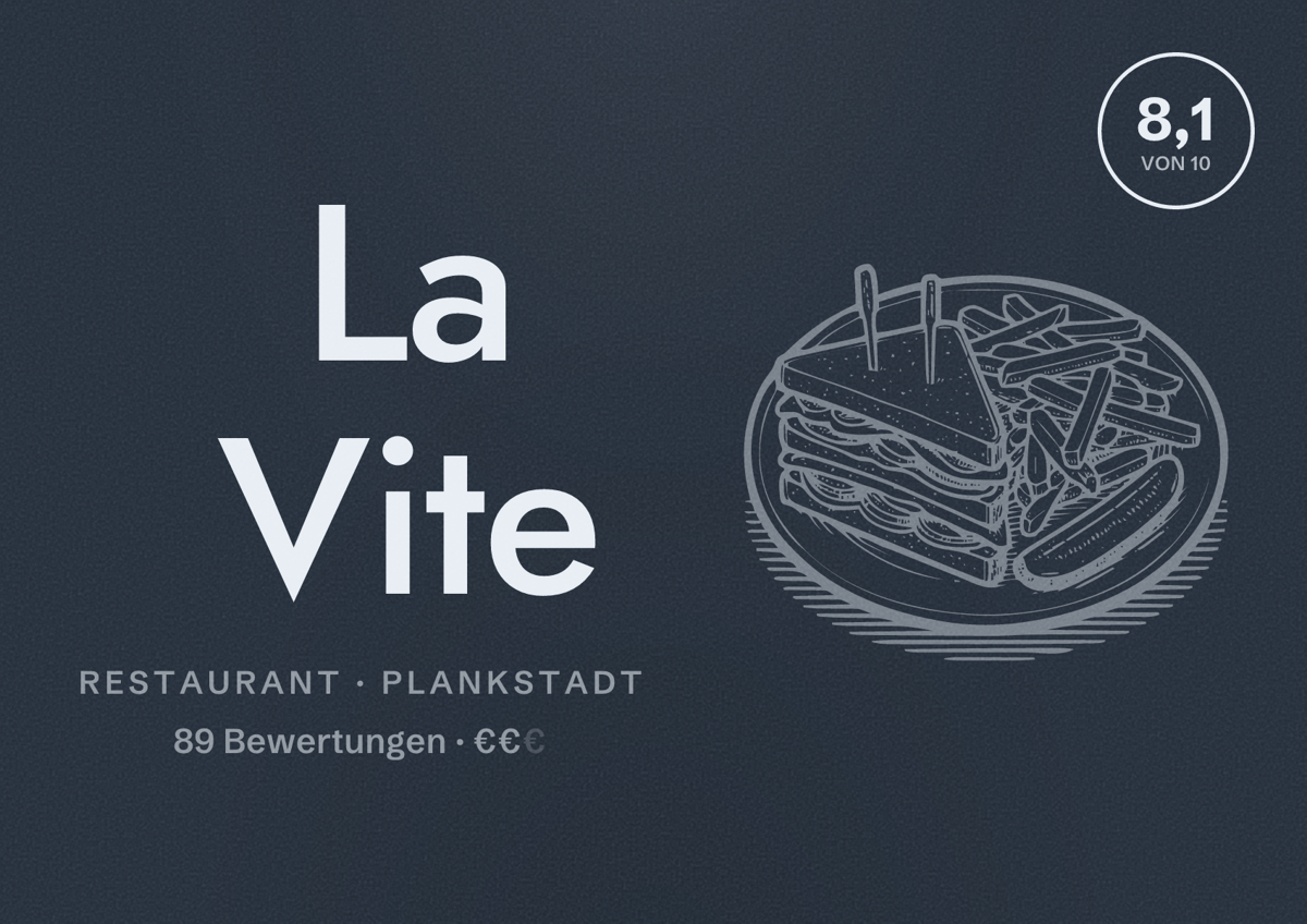 Illustriertes Poster von La Vite, Restaurant in Plankstadt: Bewertung 8,1 von 10 aus 89 Bewertungen, Preisniveau €€
