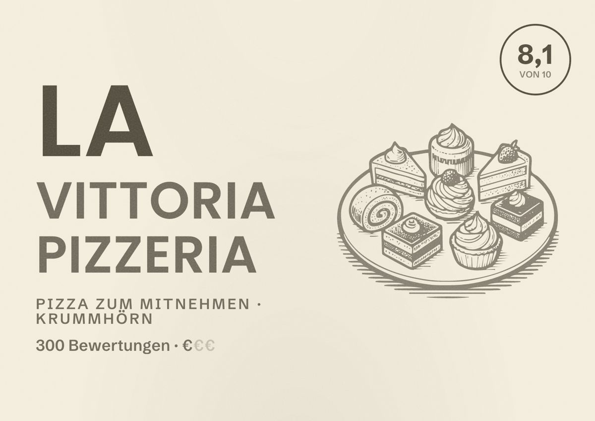 Illustriertes Poster von La Vittoria Pizzeria, Pizza zum Mitnehmen in Krummhörn: Bewertung 8,1 von 10 aus 300 Bewertungen, Preisniveau €