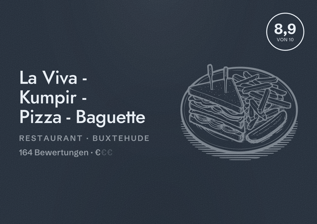 Illustriertes Poster von La Viva - Kumpir - Pizza - Baguette, Restaurant in Buxtehude: Bewertung 8,9 von 10 aus 164 Bewertungen, Preisniveau €