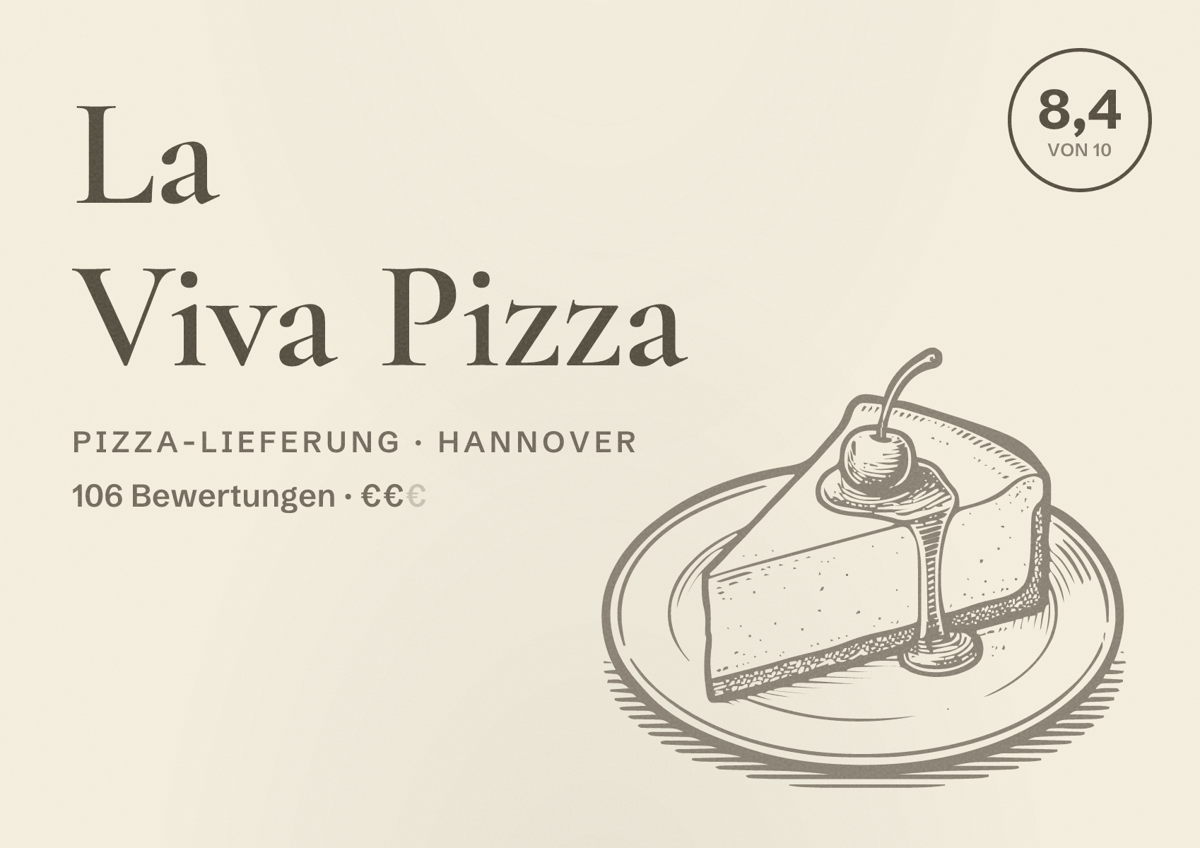 Illustriertes Poster von La Viva Pizza, Pizza-Lieferung in Hannover: Bewertung 8,4 von 10 aus 106 Bewertungen, Preisniveau €€