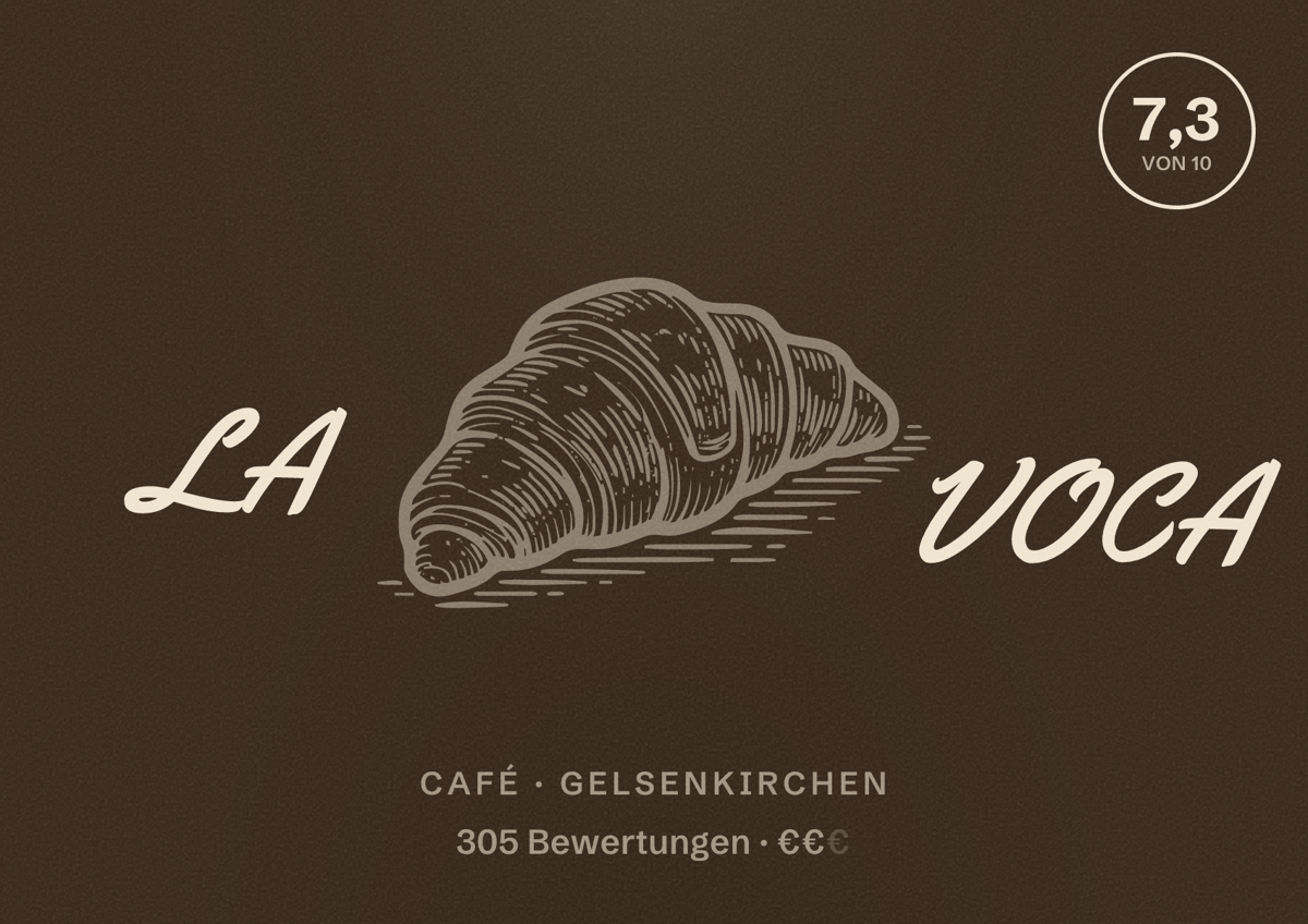 Illustriertes Poster von LA VOCA, Café in Gelsenkirchen: Bewertung 7,3 von 10 aus 305 Bewertungen, Preisniveau €€