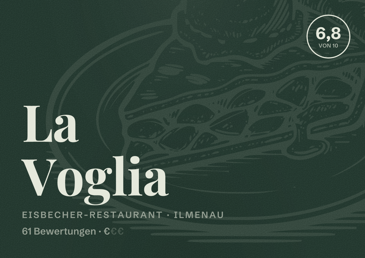 Illustriertes Poster von La Voglia, Eisbecher-Restaurant in Ilmenau: Bewertung 6,8 von 10 aus 61 Bewertungen, Preisniveau €