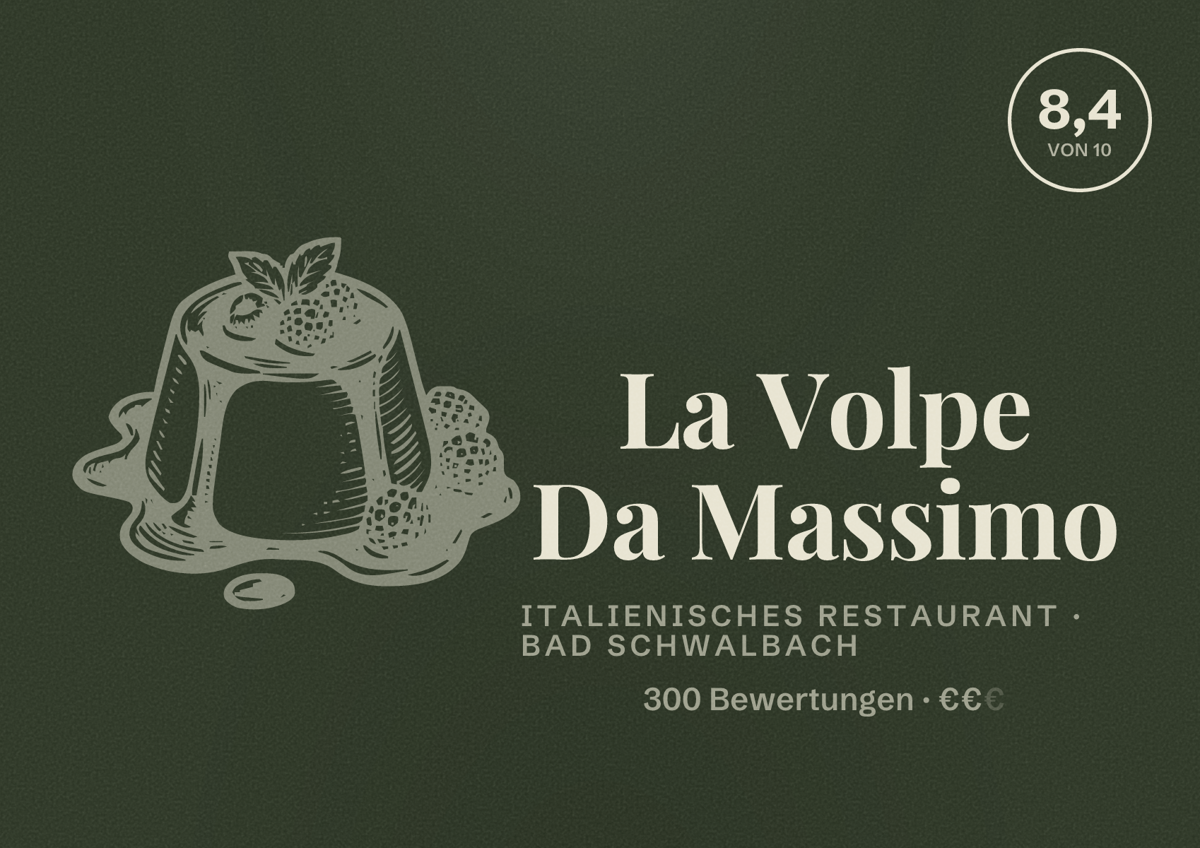 Illustriertes Poster von La Volpe Da Massimo, Italienisches Restaurant in Bad Schwalbach: Bewertung 8,4 von 10 aus 300 Bewertungen, Preisniveau €€