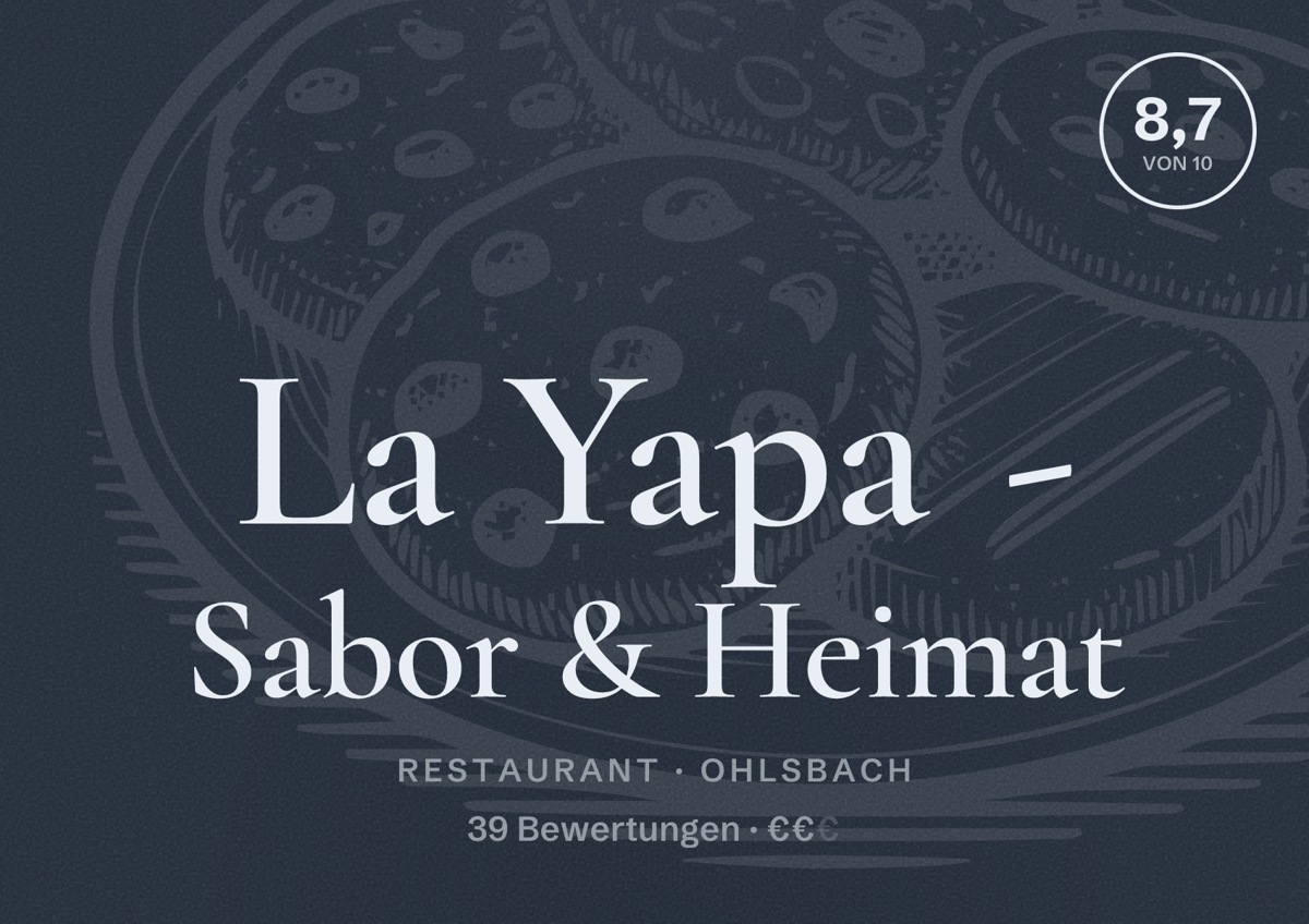 Illustriertes Poster von La Yapa - Sabor & Heimat, Restaurant in Ohlsbach: Bewertung 8,7 von 10 aus 39 Bewertungen, Preisniveau €€