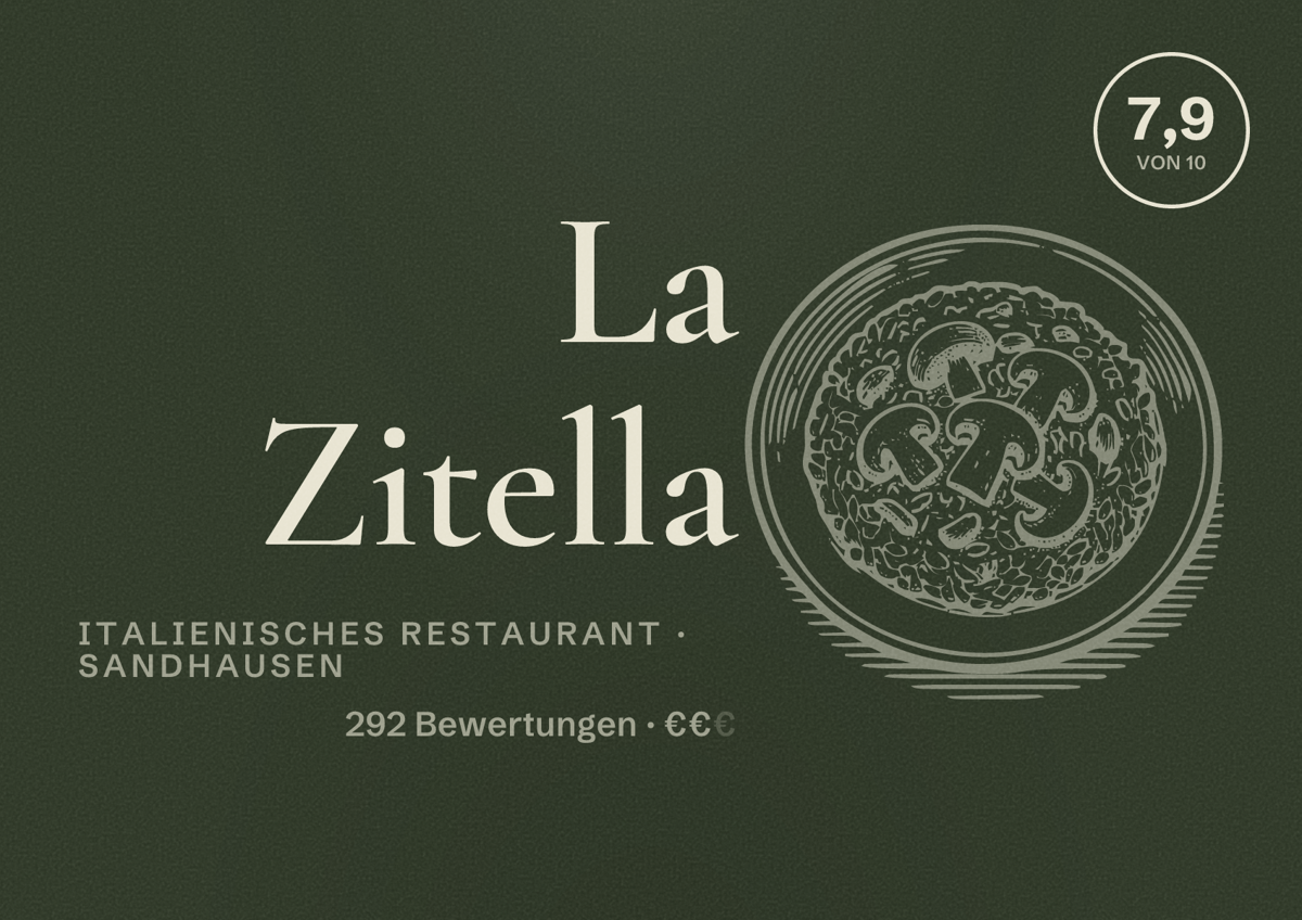 Illustriertes Poster von La Zitella, Italienisches Restaurant in Sandhausen: Bewertung 7,9 von 10 aus 292 Bewertungen, Preisniveau €€