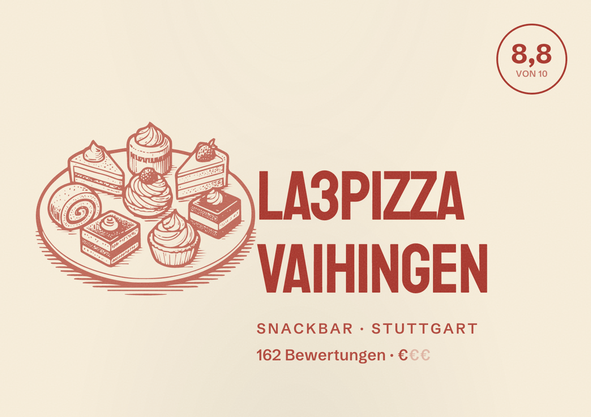 Illustriertes Poster von la3pizza Vaihingen, Snackbar in Stuttgart: Bewertung 8,8 von 10 aus 162 Bewertungen, Preisniveau €