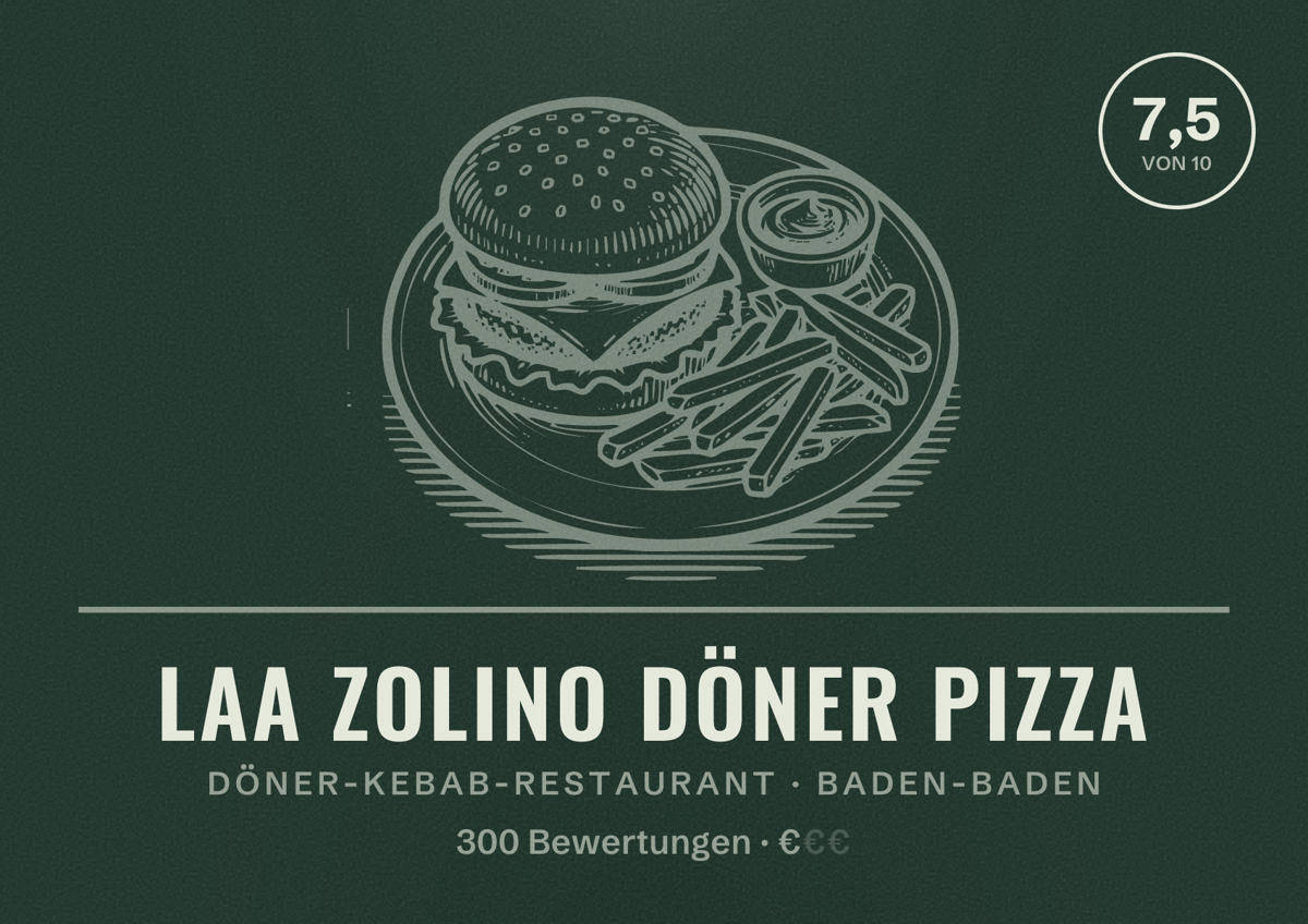 Illustriertes Poster von Laa Zolino Döner Pizza, Döner-Kebab-Restaurant in Baden-Baden: Bewertung 7,5 von 10 aus 300 Bewertungen, Preisniveau €
