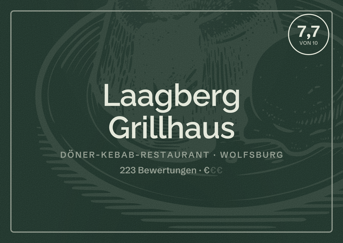 Illustriertes Poster von Laagberg Grillhaus, Döner-Kebab-Restaurant in Wolfsburg: Bewertung 7,7 von 10 aus 223 Bewertungen, Preisniveau €