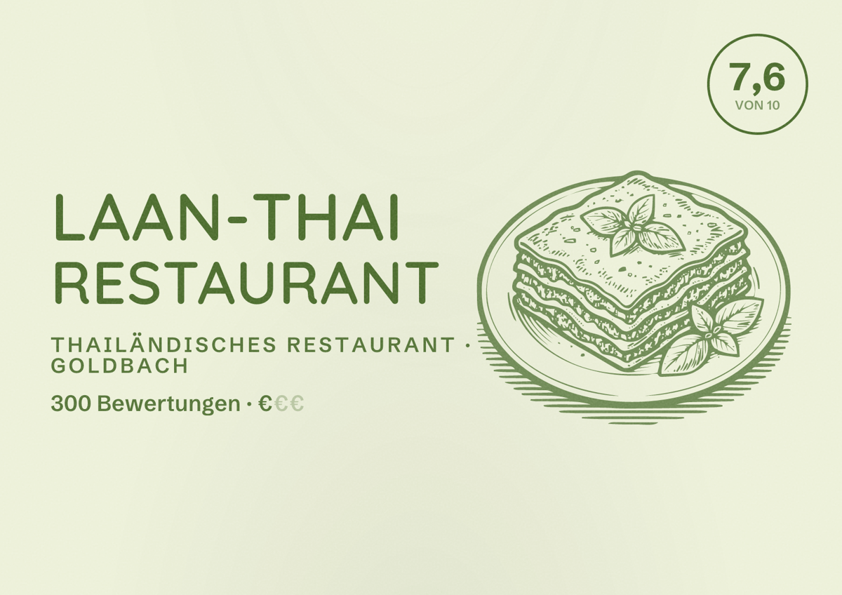 Illustriertes Poster von Laan-Thai Restaurant, Thailändisches Restaurant in Goldbach: Bewertung 7,6 von 10 aus 300 Bewertungen, Preisniveau €
