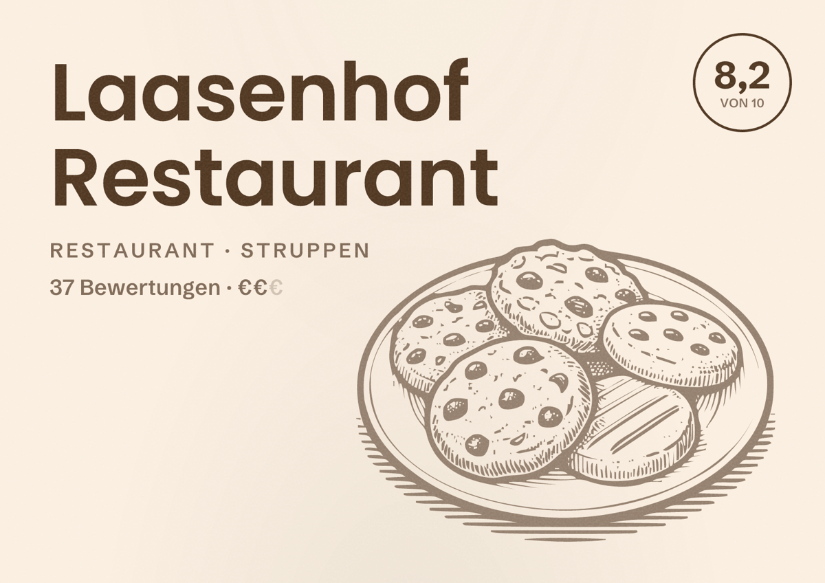 Illustriertes Poster von Laasenhof Restaurant, Restaurant in Struppen: Bewertung 8,2 von 10 aus 37 Bewertungen, Preisniveau €€