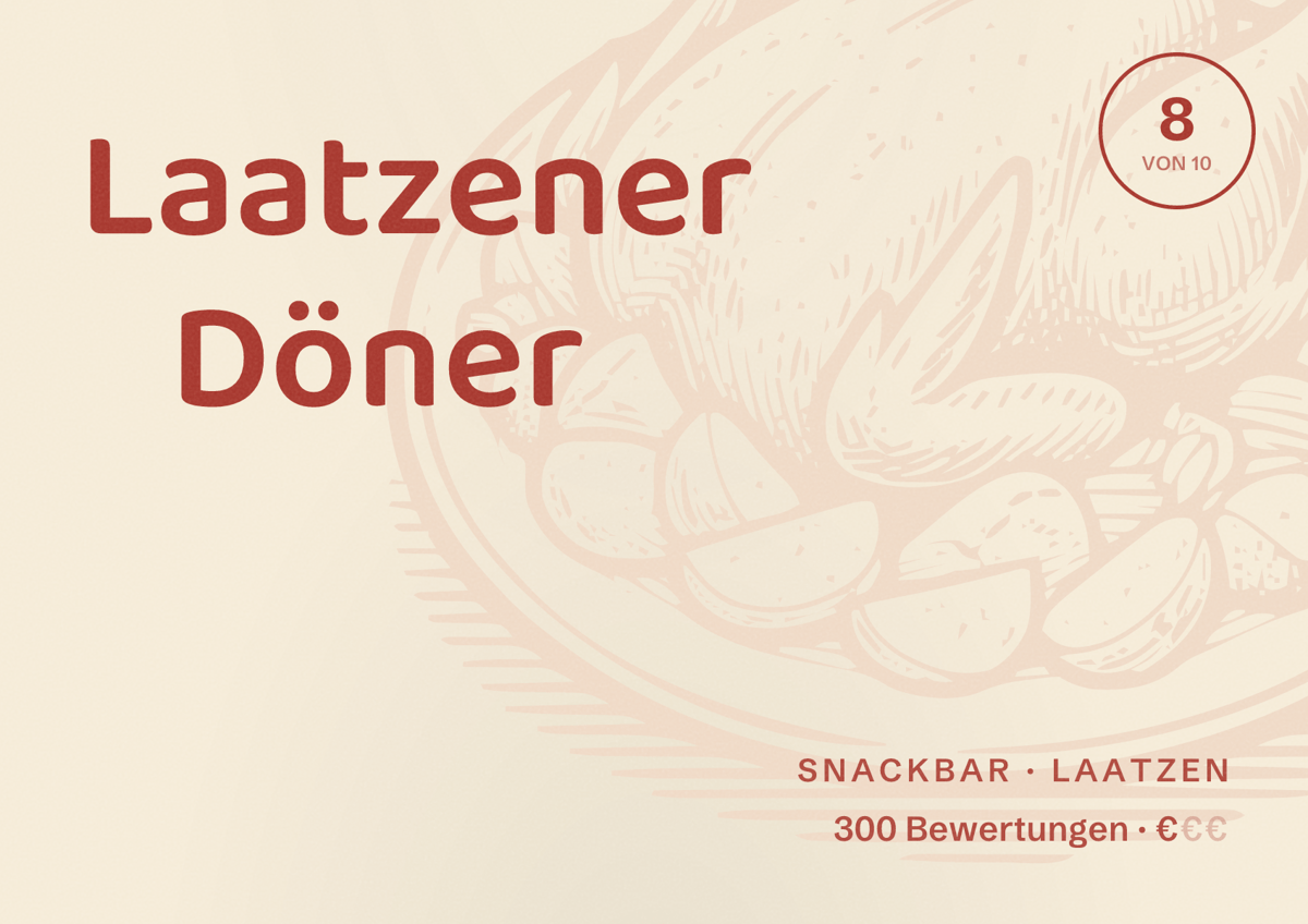 Illustriertes Poster von Laatzener Döner, Snackbar in Laatzen: Bewertung 8 von 10 aus 300 Bewertungen, Preisniveau €