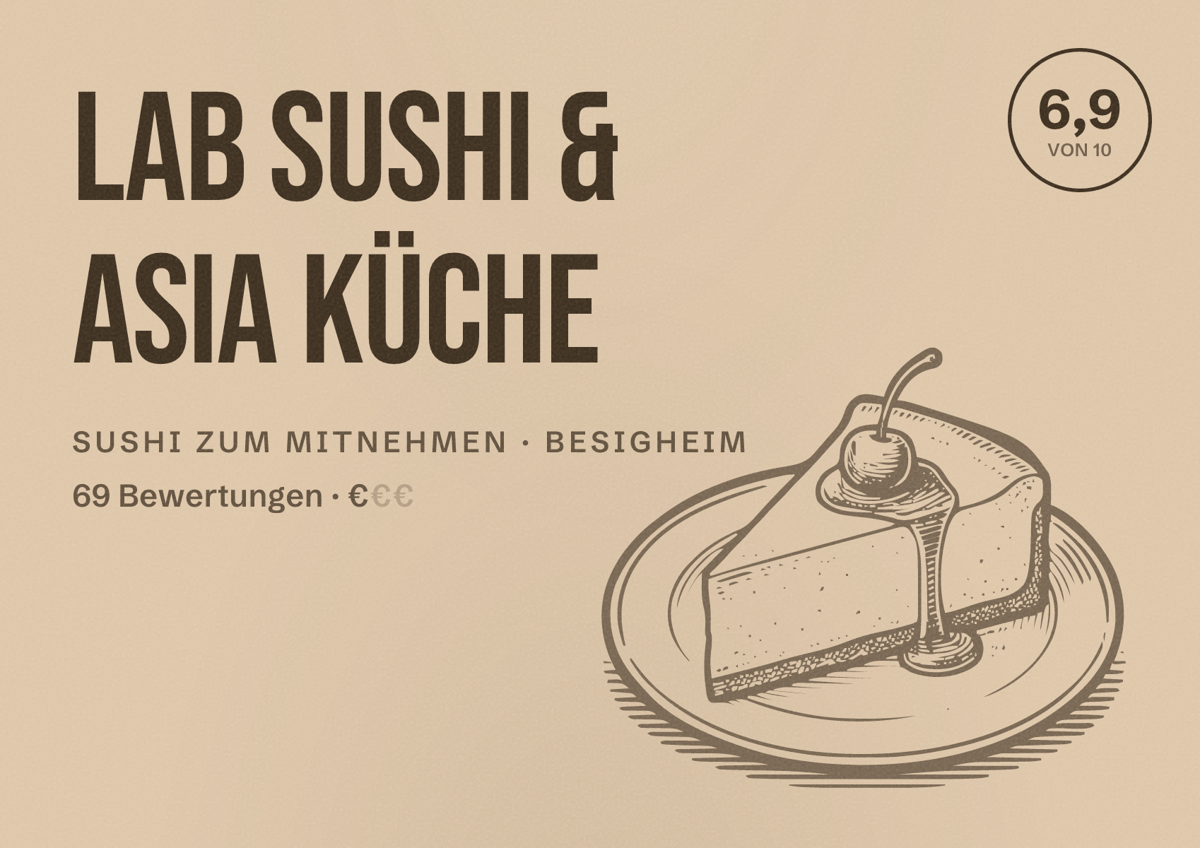 Illustriertes Poster von LAB Sushi & Asia Küche, Sushi zum Mitnehmen in Besigheim: Bewertung 6,9 von 10 aus 69 Bewertungen, Preisniveau €