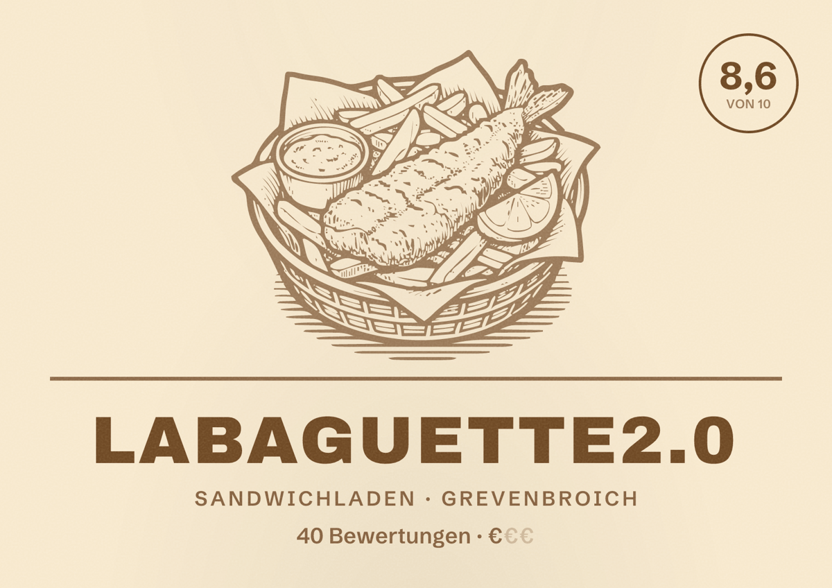 Illustriertes Poster von LaBaguette2.0, Sandwichladen in Grevenbroich: Bewertung 8,6 von 10 aus 40 Bewertungen, Preisniveau €
