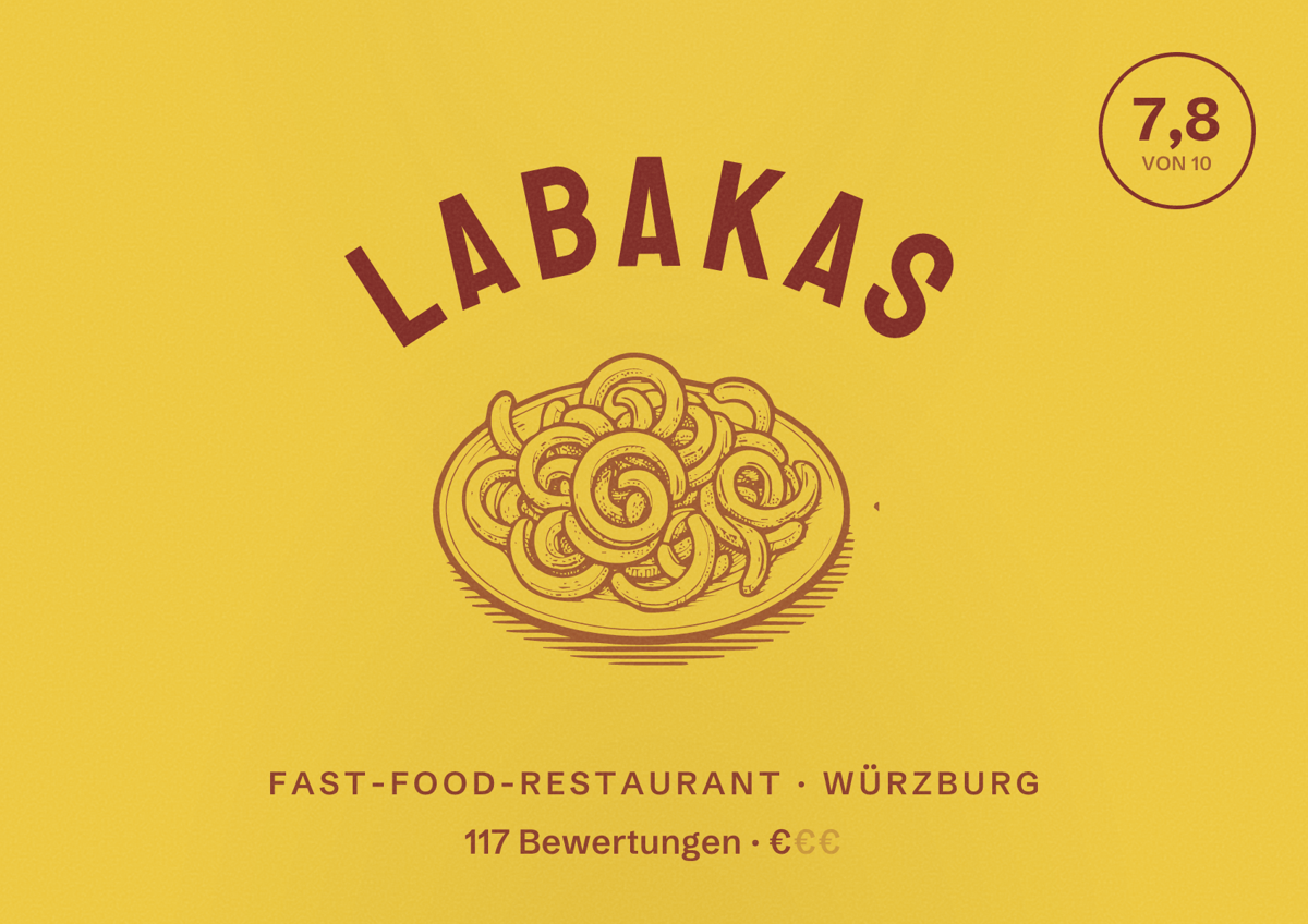 Illustriertes Poster von Labakas, Fast-Food-Restaurant in Würzburg: Bewertung 7,8 von 10 aus 117 Bewertungen, Preisniveau €