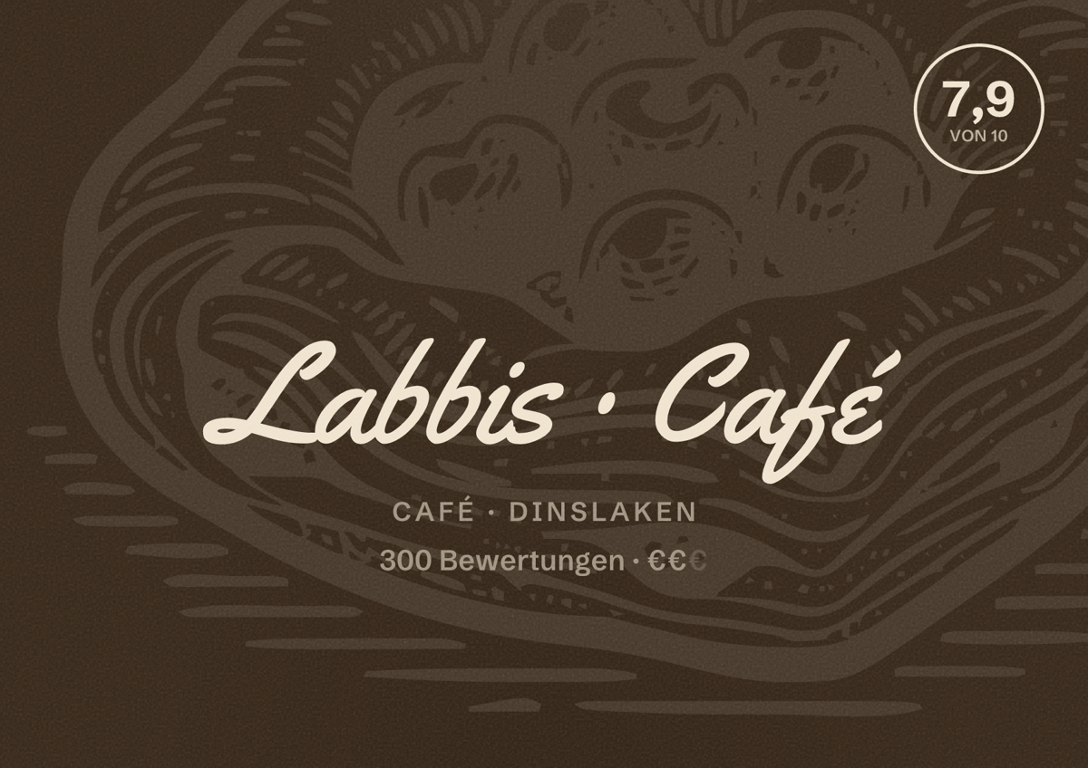 Illustriertes Poster von Labbis Café, Café in Dinslaken: Bewertung 7,9 von 10 aus 300 Bewertungen, Preisniveau €€